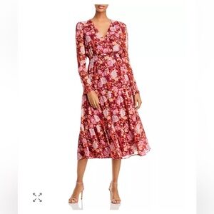 WAYF Roxanne Puff Long Sleeve V-Neck Tiered Midi Dress in Burgundy Floral Small